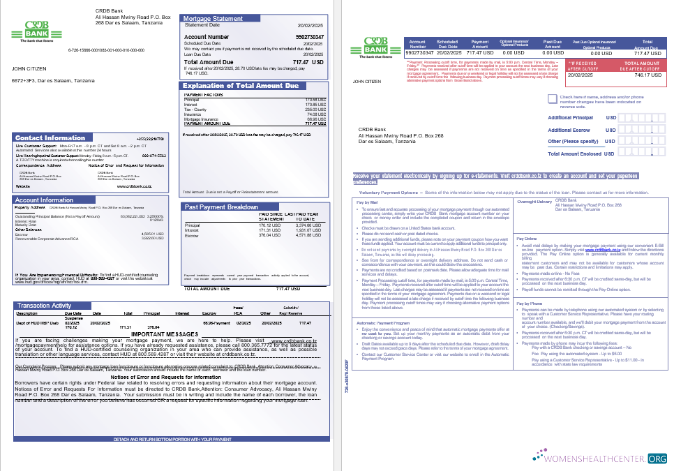 Download Tanzania CRDB Bank mortgage statement in Word and PDF formats, 3 pages 1 2 Photoshop template